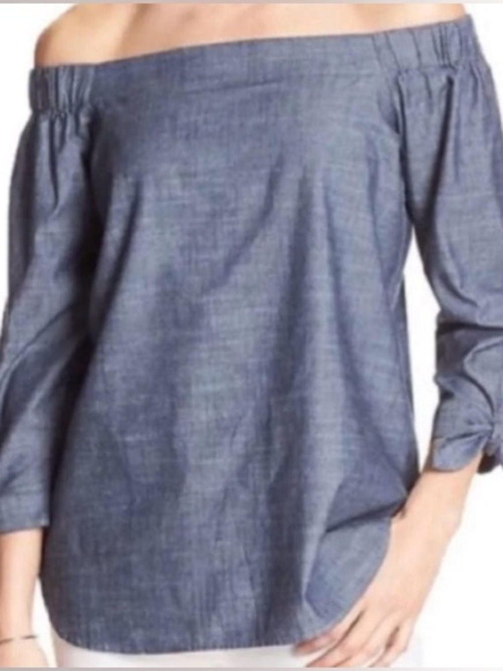 Off-Shoulder Chambray Women’s Denim Top - Tie Knot Sleeves